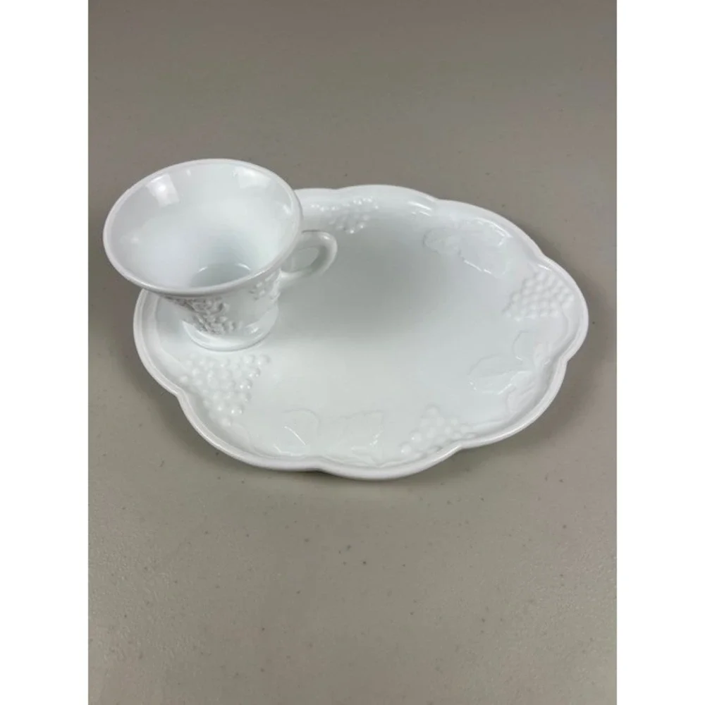 Westmoreland Milk Glass Grape Pattern Snack Set Plate and Cup White Vintage